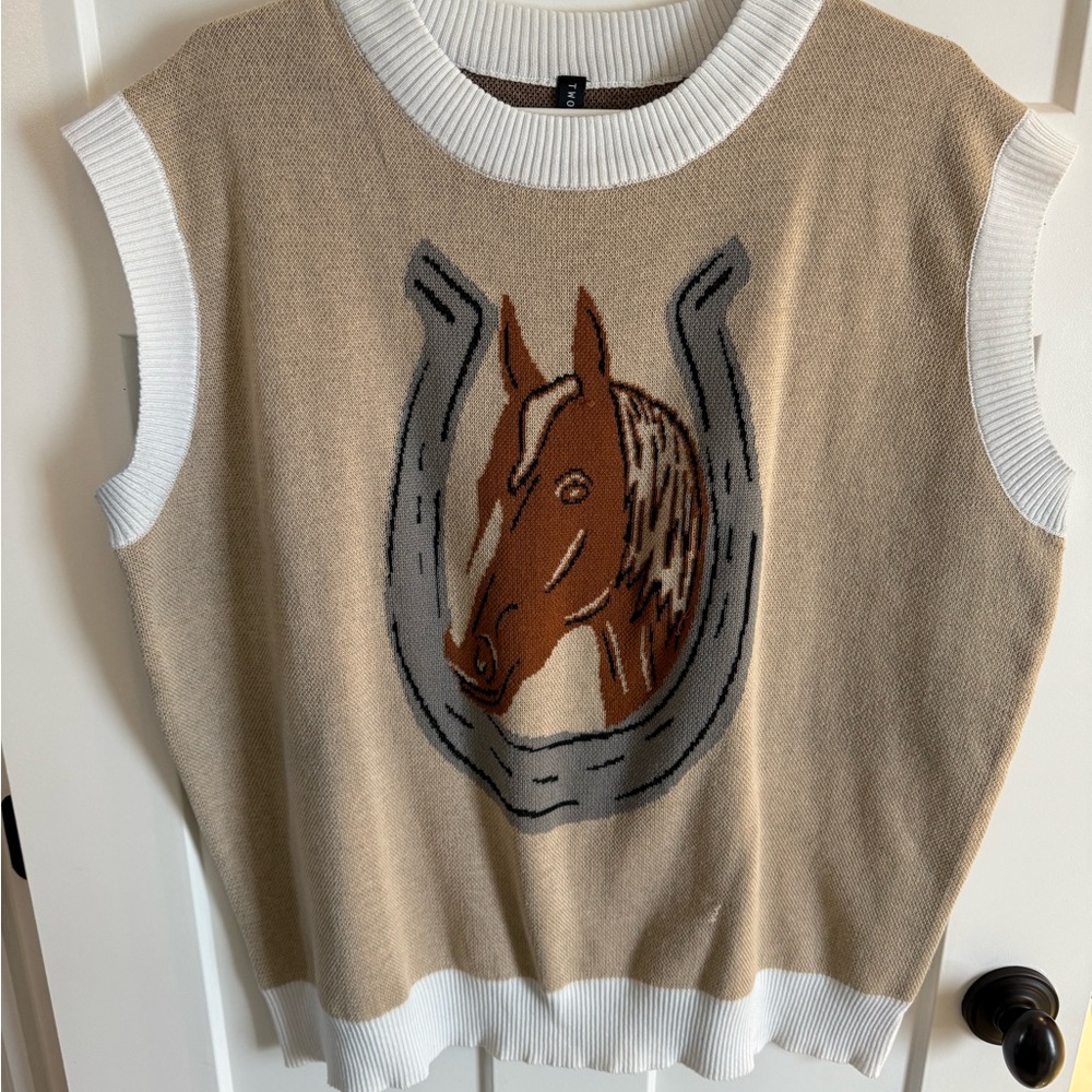 Sleeveless Tan Horse Graphic Knit Top